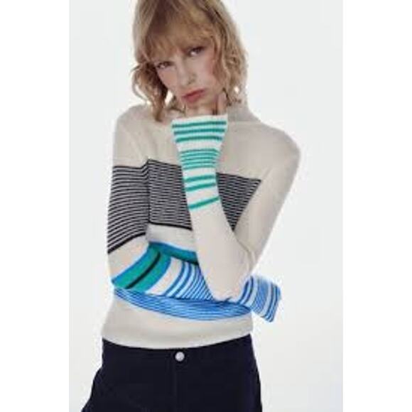 Zara soft knit stripe funnel neck sweater size XL - Picture 2 of 11